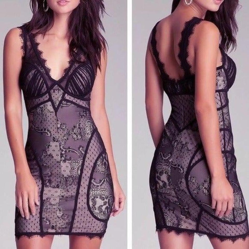 Bebe‎ Black Beige Iconic Lace V-Neck Dress XSmall